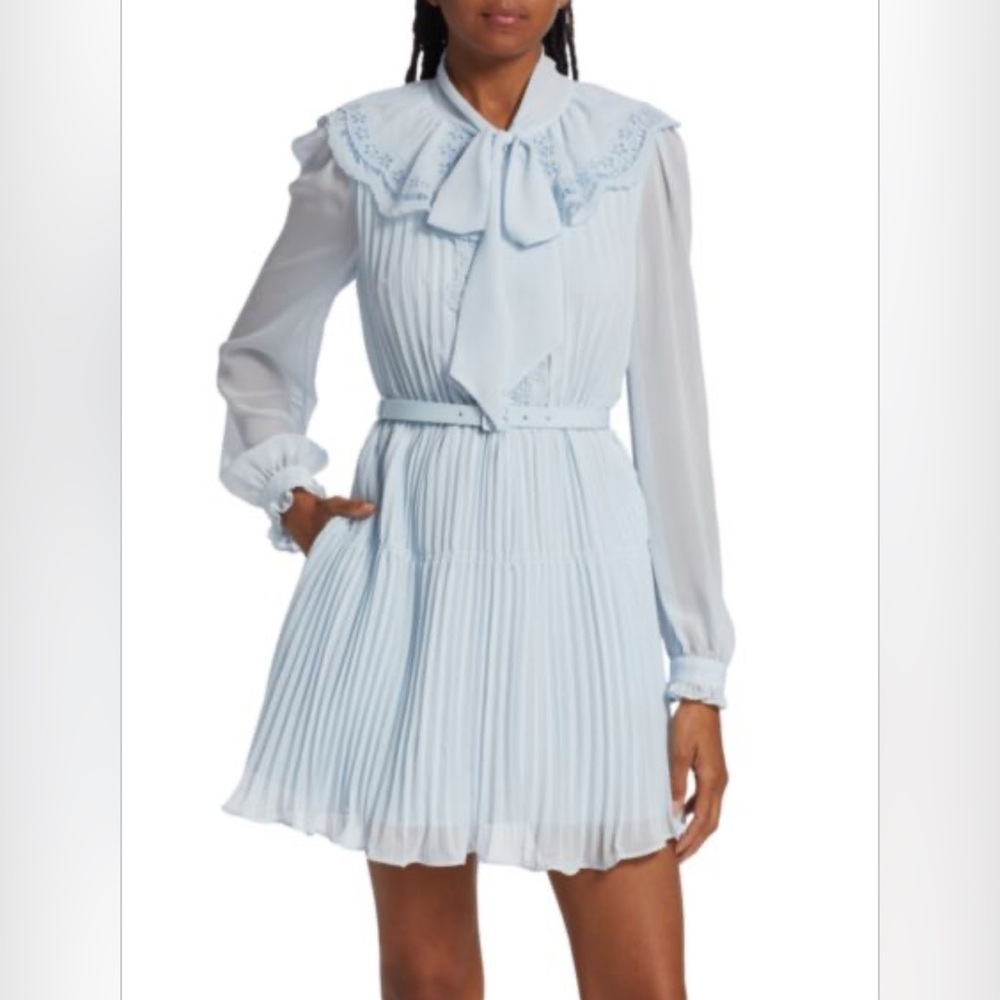 SELF-PORTRAIT Broderie Collar Chiffon Mini Dress In Light Blue - Picture 3 of 8